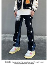 Men's Jeans Design sense splash ink graffiti jeans high street vibe pants men's stitching straight loose black American long 230509