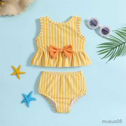 Two-Pieces Kids Swimwear Girls Bikini Set New Sleevelss Ruffle Stripe Bathing Suits Baby Swimsuits Toddler Beachwear