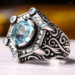 Cluster Rings Vintage Turkish Signet Handmade For Men Punk Metal Silver Colour Inlaid Sea Blue Zircon Motor Biker