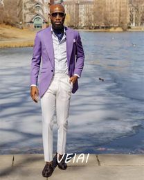 Men's Suits Blazers Summer Men Suits for Prom Peaked Lapel Blazer Jacket Tuxedos Wedding Suit Costume Homme 2 Pieces Light Purple CoatWhite Pant 230509
