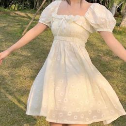 Casual Dresses A-line Dresses Women Floral Ruffles Square Collar Puff Sleeves High Waist Summer Casual Mini Korean Style Ulzzang Soft Daisy Ins 230509