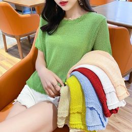 Women's T Shirts Lace Knitting Women's T-Shirts Summer Tops For Teens White Blouses Cute Loose Short Sleeve Aesthetic Clothes Korean