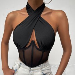 Womens Tanks Camis wsevypo Sexy Cross Halter Corset Bustier Mesh Bone Tank Tops Women Tie Up Wrap Tube Backless Slim Fit Cut Out Front 230509