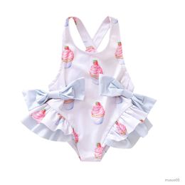 Two-Pieces Infant Kids Girl Fashion Ruffles One Piece Swimsuit Cute Cup Cake Pattern Backless Swimsuit Bathing Suit 6M-5T