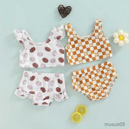 Two-Pieces Baby Girl Piece Swimsuit Set Kid Baby Print Plaid Pattern Swimwear For Girls Fly Sleeve Tops Shorts Bathing Suit