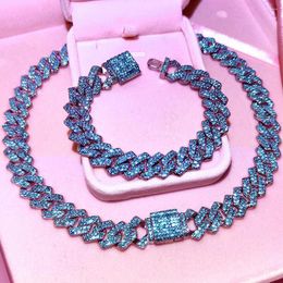 Chains Hip Hop Blue Rhinestone Cuban Link Chain Necklace For Men Women Punk 14MM Prong Necklaces Rock Party Jewelry