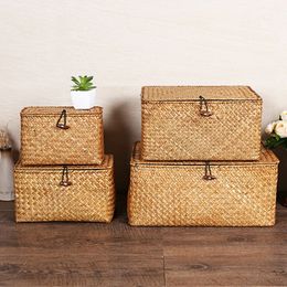 Storage Baskets Seagrass storage basket hand woven storage box with Lid Sundries cosmetics organizer rectangular wardrobe organizer laundry basket 230508