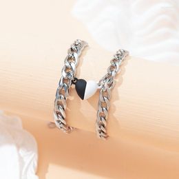 Link Bracelets For Women Men Fashion Couple Cuff Jewellery Vintage Silver Colour Chains Heart Magnet Korea 2023 Trendy Pulsera