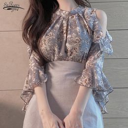 Blouse 2023 Fashion Summer New Off Shoulder Floral Loose Blouses for Women Short Sleeve Top Chiffon Shirt Blusas Para Mujer Korean 9930