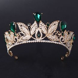 Wedding Hair Jewelry Vintage Green Red Bridal Tiara Fashion Golden Diadem for Women Dress Princess Crown accessories 230508