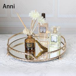 Organisation Creativity Gilded Mirror Tray Decorative European Golden Frame Cosmetic Jewellery Storage Glass Tray Dressing Table Decoration