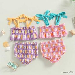 Two-Pieces Kids Girls Bikini Set Lacing Ruffled Camisole With Pleated Briefs Swimwear For Infant Girls Flower Print Swimsuit