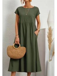 Casual Dresses Summer Maxi Dress Women Elegant Solid Cotton and Linen Long Dress Female Short Sleeve O Neck Loose Casual Sundress Ladies 230509