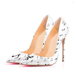 Dress Shoes Pointed Toe Patent Leather Wedding Ladies High Heels Pumps Fashion White Black Music Notes For Women