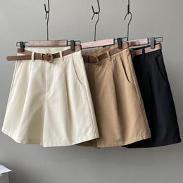 Women's Shorts MEXZT Belt Pure Cotton Shorts Women High Waist Wide Leg A Line Suit Shorts Office Lady Solid Loose Casual All Match Short Pants 230509