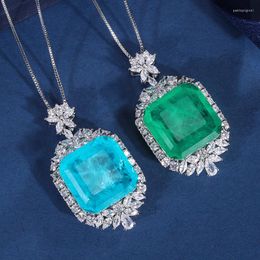 Pendant Necklaces EYIKA Luxury Simulated Emerald Green Zircon Big Square Necklace For Women Blue Paraiba Fusion Colar High Quality Jewellery