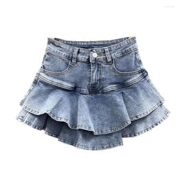 Skirts 2023 Summer Sexy Ruffle Mini Denim Skirt Women High Waist Patchwork A-Line Short Jeans S567