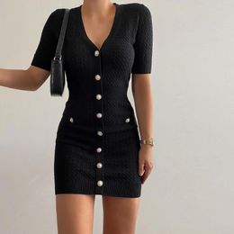 Casual Dresses Knitted Dress Women Black V-Neck Slim Buttons Sweater Short Sleeve Bodycon Sexy Mini Vestidos Female Clothes Spring 2023