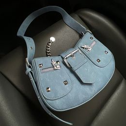 Evening Bags Fashion Rivet Design Women Shoulder Bags Y2k Vintage Cool Bag Ladies Luxury Handbags Denim Cloth Underarm Bag Purses for Female 230509