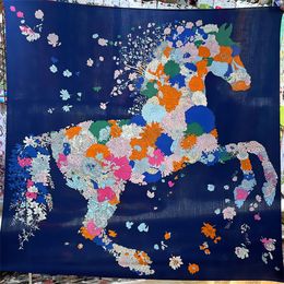 Sarongs POBING Silk Cashmere Scarf Women Hand Rolled Flowers Horse Print Square Scarves Wraps Bandana Big Hijabs Female Foulard 135CM 230508