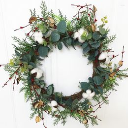 Decorative Flowers "Wreath With Dried Cotton And Artificial Money Plant Leaves For Christmas Door Decor"