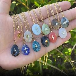 Pendant Necklaces Fashion Natural Stone Water Drop Women Stainless Steel Cross Lightning Star Clavicle Necklace Creative Jewellery Y23
