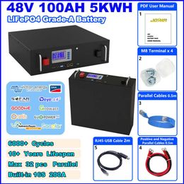 LiFePO4 48V 100Ah battery pack 51.2V 5KWh 100% full capacity A-level battery RS485 CAN communication maximum 32 parallel with 16S BMS