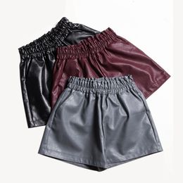 Women's Shorts Elastic High Waist Loose Leather Shorts Women England Style Wide Leg Shorts black fashion Autumn and winter women 230509