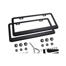 License Plate Frames 2Pcs 2 Holes Matte Aluminum Black Frame With Screw Caps Car Licenses Ers Holders For Us Vehicles Drop Delivery Dhwum