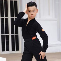 Stage Wear Latin Dance Tops For Boys Black Tap Salsa Outfits Long Sleeve Performance Costume Ballroom Practice JL2184