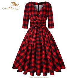 Dress SISHION Rockabilly Dress Half Sleeve Cotton Women 50s 60s Large Swing Retro Vintage Red Plaid Autumn Dress SD0006