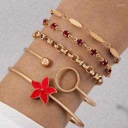 Anklets Red Stone Inlaid Oil Dropping Five Petal Flower Bracelet Set Light Luxury Women's Ornaments Piece Party Pa