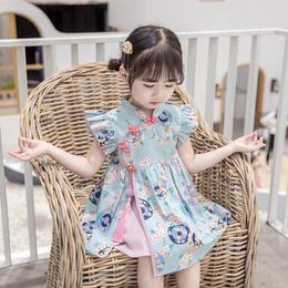 Girl Dresses Girls Dress 2023 Chinese Style Retro Flower Summer Princess Knee-Length Casual Crew Neck Floral Ruched Lovely Fashion