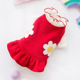 Dresses Red Colors Dog Dresses with Flower Decoration Warm Dog Coats for Autumn and Winter TwoPiece Set Pet Skirt for Small Dog Cat