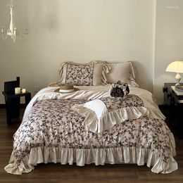 Bedding Sets 800TC Lyocell Fibre French Princess Style Vintage Rose Flowers Pattern Lace Ruffles Duvet Cover Set Bed Sheet Pillowcase