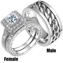 Band Rings White Gold Colour CZ Zircon Finger Ring Set Wedding Bands Stainless Steel Rotate Couples Gift For Women And Men Jewellery Z0509