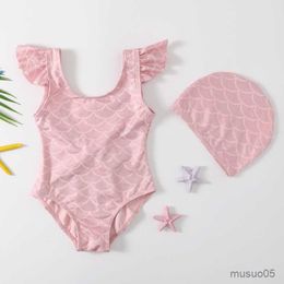 Two-Pieces Swimwear kid girls Summer New fish pattern One Piece Swimsuit with Hat for Children Flying sleeve Kids Clothes Girls 1-8Years