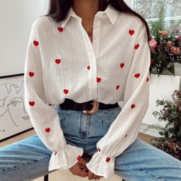 Womens Blouses Shirts Fandy Lokar Casual Turn Down Collar Fashion Heart Embroidery Elegant Long Sleeve Tops Female Ladies 230509