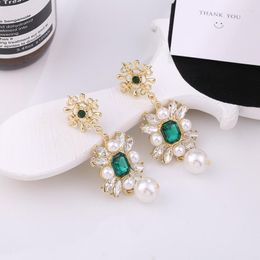 Dangle Earrings ARLIE 2023 Gold Colour Fashion Shiny Green Crystal For Women Korean Statement Drop Vintage Pearl Jewellery