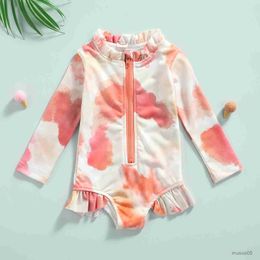 Two-Pieces Toddler Baby Girls Summer Tie-dye Printing Swimsuit Lovely Infant Beachwear Ruffles Long Sleeve Swimwear Children Clothes