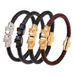 Tennis Bracelets Black Leather Bracelet Gothic Style Silver Colour Skull Magnetic Buckle Party Fashion Jewellery For Men