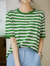Women's T Shirts Tee Shirt Femme Embroidery Striped Knitted Women Tshirt Short Sleeve Summer Korean Style Clothes T-Shirts Camiseta Mujer