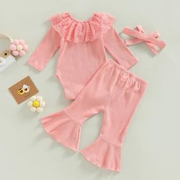 Clothing Sets Baby Girl 3-Piece Autumn Sweet Fashion Set Long Sleeve Lace Trim Stand Collar Romper Jumpsuit Bow Knot Flare Headband