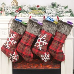 Factory Christmas Stockings 18 inches Large Plaid Snowflake Plush Faux Fur Cuff Stockings Family Holiday Xmas Party Decorations