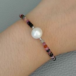 Handmade bracelet natural 10-11mm white freshwater pearl faceted multicolour tourmaline 19cm adjust clasp