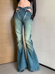 Women's Jeans Sexy Waist Hollow Out Y2k Bandage Women Summer High Double Zipper Folds Vintage Denim Flare Pants Boot Cut ZN289