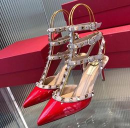 Designer Women Rivets Sandals High Heels Red Wedding Shoes 6cm 8cm 10cm Sexy Thin Heel Pointed Toe Three Belts Classics Summer Real Leather Woman Sandal 35-44