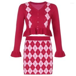 Work Dresses Knitted Ribbed Women 's Suit Long Sleeves Sweaters Cardigan Top Rhombus Print Skinny Skirt Active Two Piece Fitness Outfits