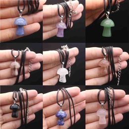 Pendant Necklaces New Style Women Necklace Natural Stone Mushroom-Shaped Leather Chain For Romantic Gift Y23