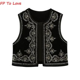 Leather Sequined Embroidery Vintage Vest Velvet India Folk Autumn Spring Street Look Woman PB&ZA 6895268